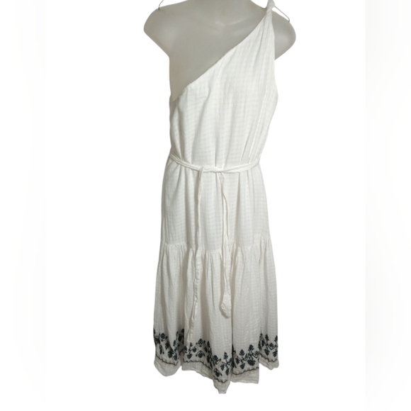 Roller Rabbit One Shoulder Embroidered Hem Dress White Boho Floral Midi Medium - Picture 5 of 7